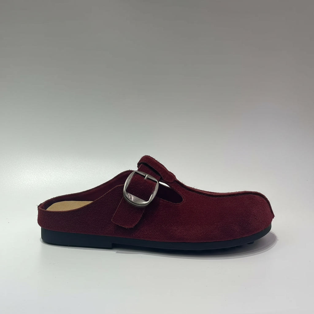 AKSFootwear Glue-Free Sustainable Flexible Eco-friendly burgundy Birkenstock-style suede clog