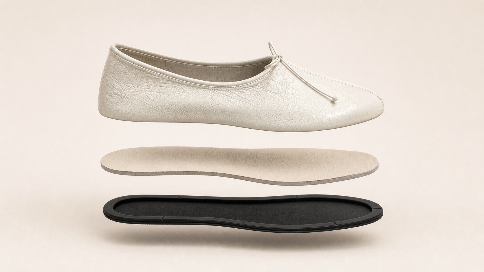 Exploded view of a drawstring flat, its footbed and flexible outsole